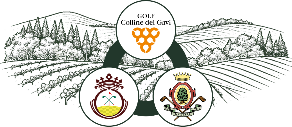 Disegno stilizzato delle colline del Monferrato con gli stemmi dei tre golf club della rete 99 Buche