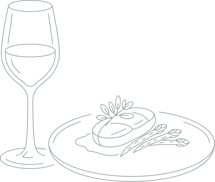 Disegno stilizzato di un calice di vino e una bistecca, simbolo della tradizione gastronomica del Monferrato